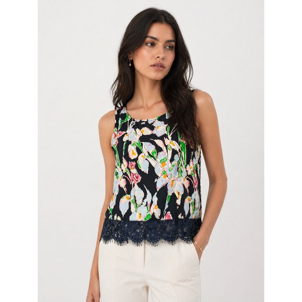 Topshop Meadow Flower Lace Hem Shell Top Size 4 Black Floral Tank